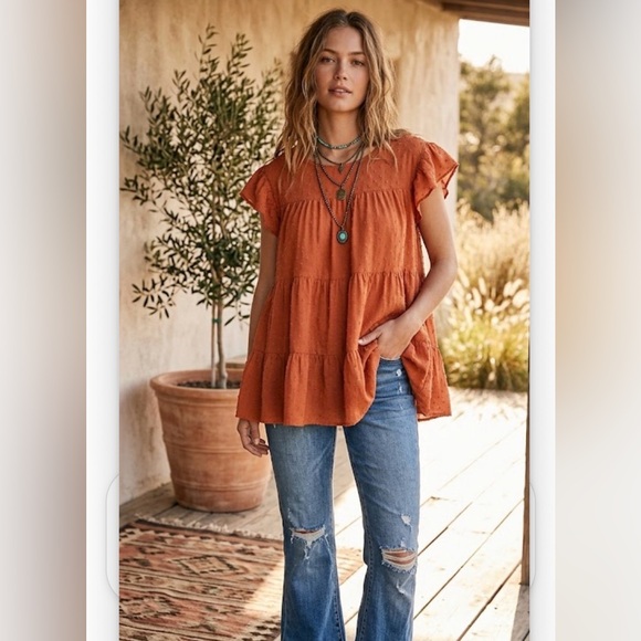 entro Tops - Entro Rust Ruffle Tiered Blouse - Size Medium